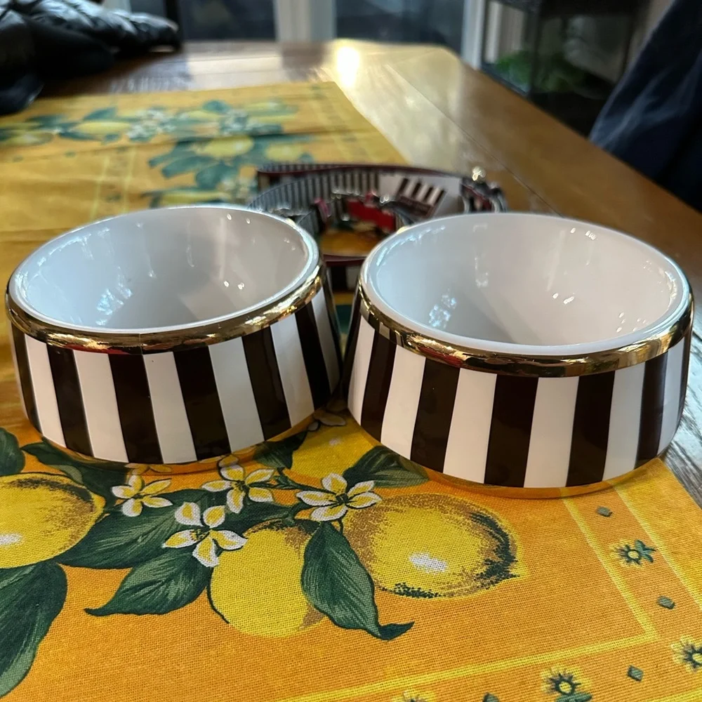Vintage Henri Bendel Centennial Stripe and Gold Rimmed Pet Bowl Pair in EUC